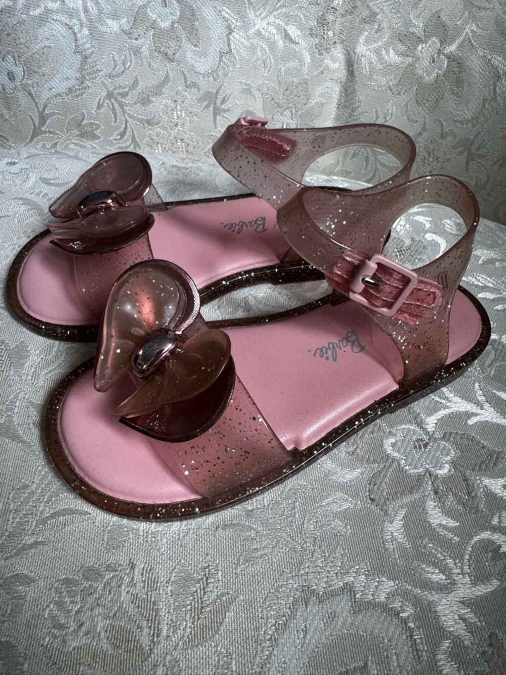 Mini Melissa Barbie Sparkle Pink Jelly Sandals with Bow Accent
